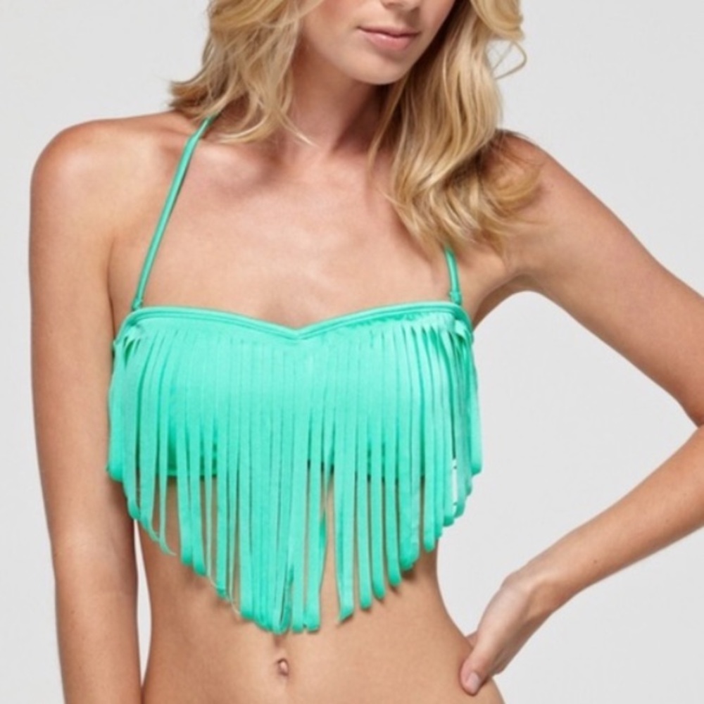 Roxy Swim Green Fringe Tassel Halter Bikini Top